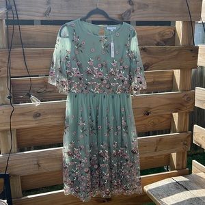 NWT Baltic Born Sage Green XL Tulle Dress with Embroidered Flowers